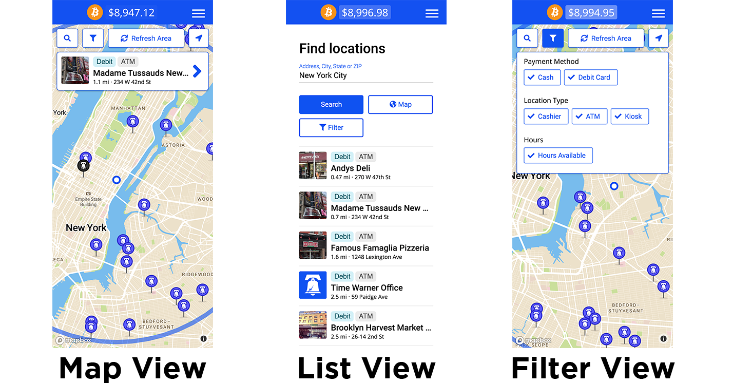 LibertyX Mobile App Screenshots - Map View, List View, Filter View