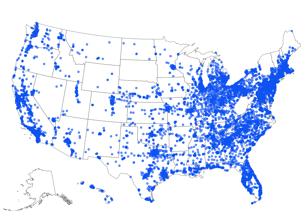Map of USA with 29,500 locations